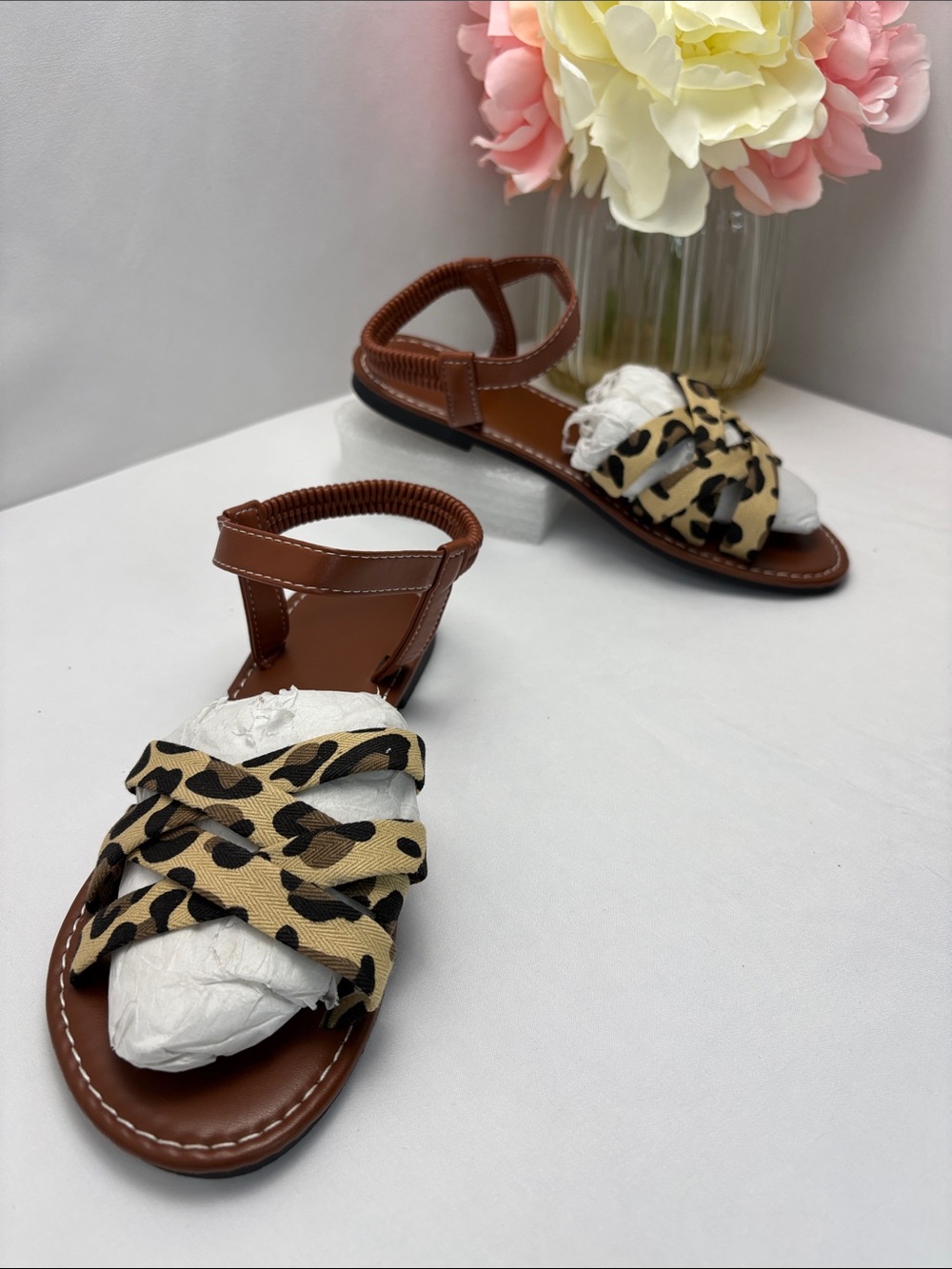 Fashion Women’s 5.5-6/36 Leopard Print Strappy Flat Sandals in Brown#494‎